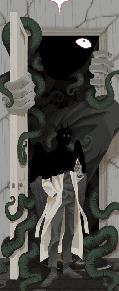A digital fanart for Omniscient reader's viewpoint. It's an opened door. In front of it is Kim Dokja. His upper body is hidden in a shadow, only his eyes are glowing bright white. He is in his demong king transformation and has a phone in his hand. His skin looks deathly green, as does everything in the picture. Behind him, a giant form is trying to crawl out of the door frame, with only fingers holding the door frame and a leg in dark pants and a dress shoe are visible. A face hidden behind a shadow is visible as well, with one eye glowing bright. The figure is surrouned by green tentacles swirling, trying to escape through the same door.