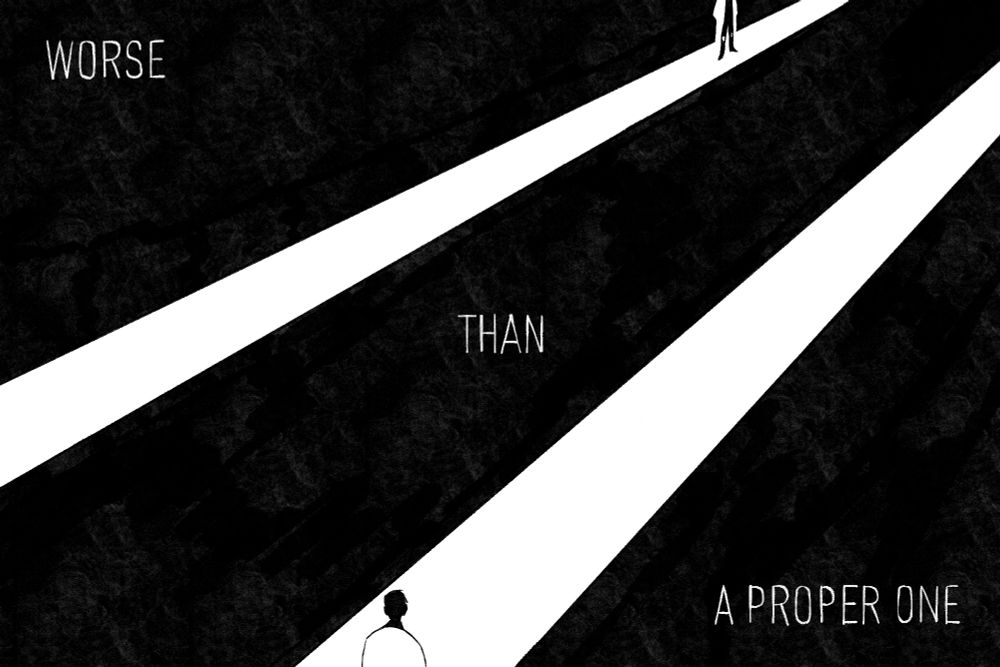 "Worse than a proper one"
Two bright white parallel lines - two bridges extend into the dark, never getting close. Kim Dokja stands close to the lower edge of the art, watching someone standing on the other path far away, also wearing a white coat.