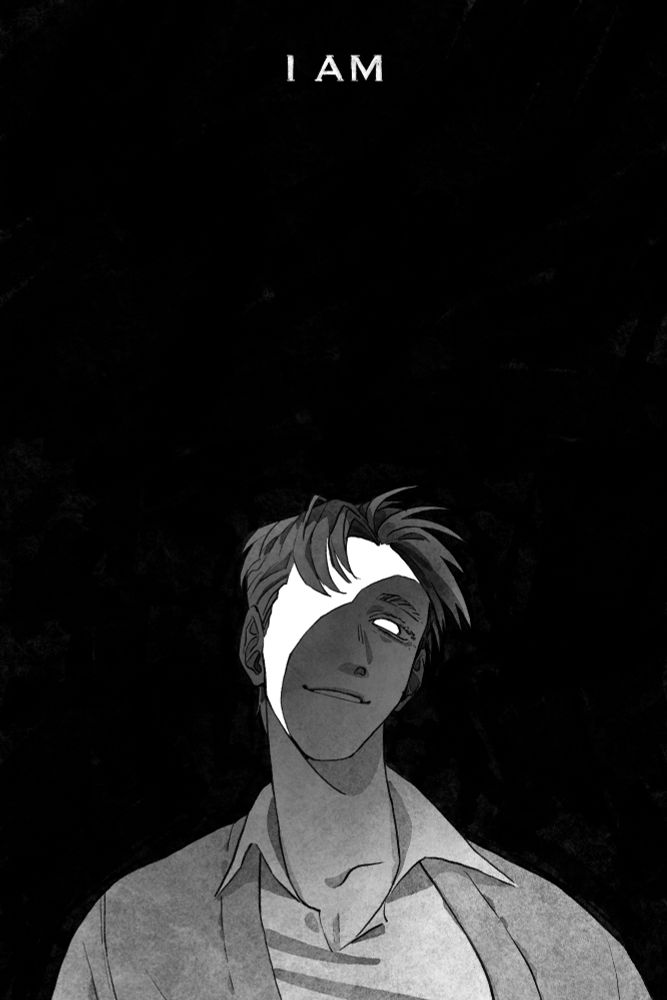 "I am"
A shot of Sung Hyunje against the black background, now alone with no other selves present. A crescent shaped glare of light covers half of his face, but he looks calm and light, his smile - wide, his eyes - resigned.