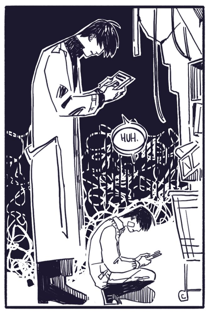 An adult Kim Dokja is standing in a daze, holding the book. In front of him is he, but younger, sitting on the floor with the same book in hands. Both say "Huh...".