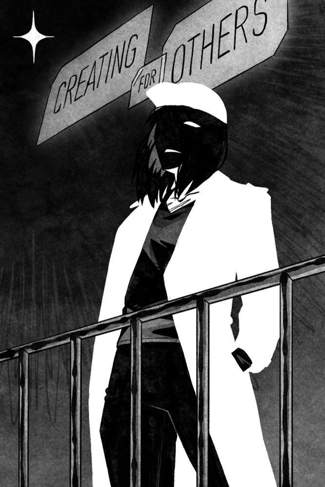 "Creating for others".
It's Han Sooyoung from 1863rd turn. She is on the roof, in her white coat and white cap. Her face - a mask of tragedy. A single white star is shining down on her.