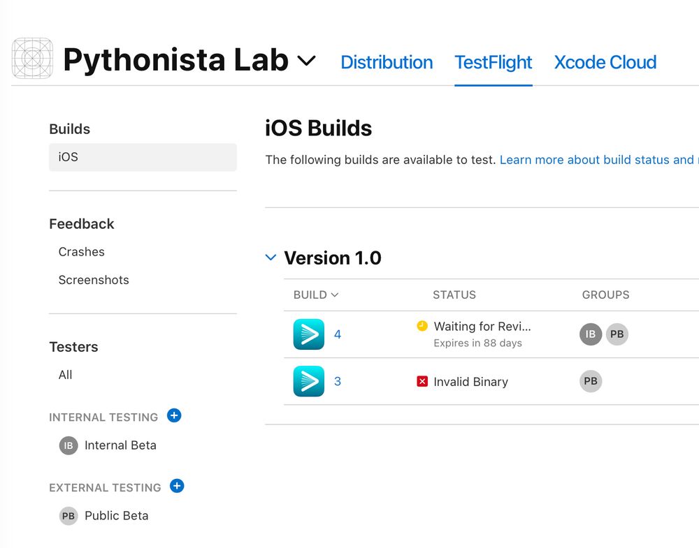 Screenshot of App Store Connect