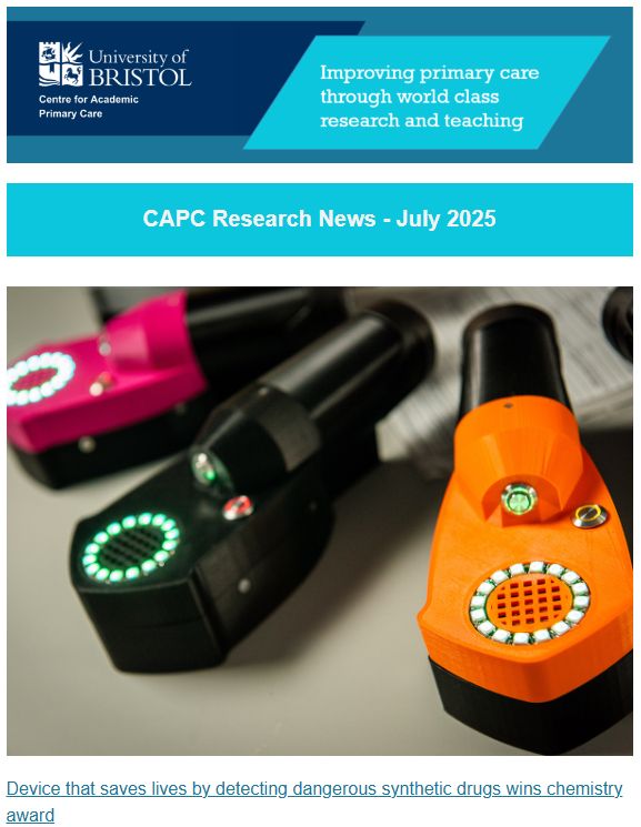 Front of CAPC Research News - July 2025. Lead story image - handheld devices for rapidly detecting dangerous synthetic drugs. Caption: Device that saves lives by detecting dangerous sythnetic drugs wins chemistry award.