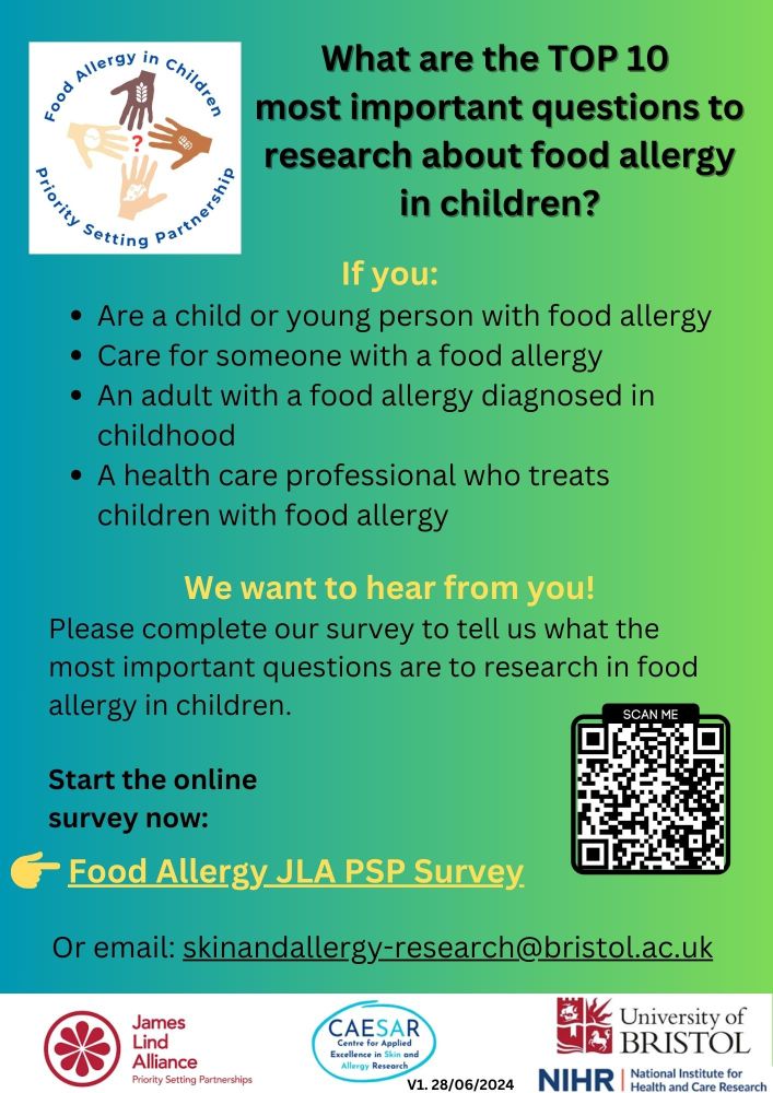 Advert with link to the survey for the Food Allergy in Children Priority Setting Partnership.