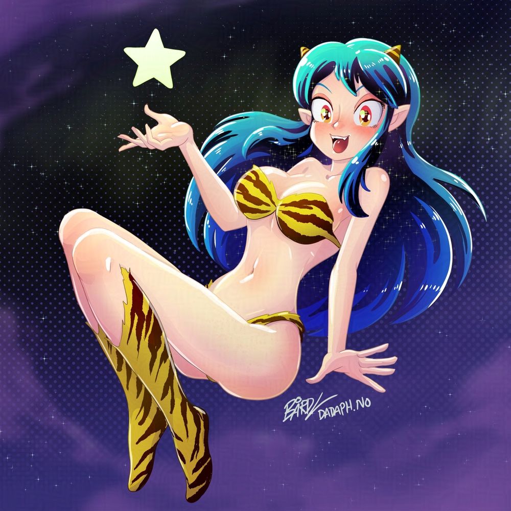 Fanart of Lum from Urusei Yatsura. She's everyone's favorite oni alien, wearing a tiger striped yellow bikini.
She's floating in the night sky, with a star in her hand.
This is the orange eyed version, based on the 2022 anime.