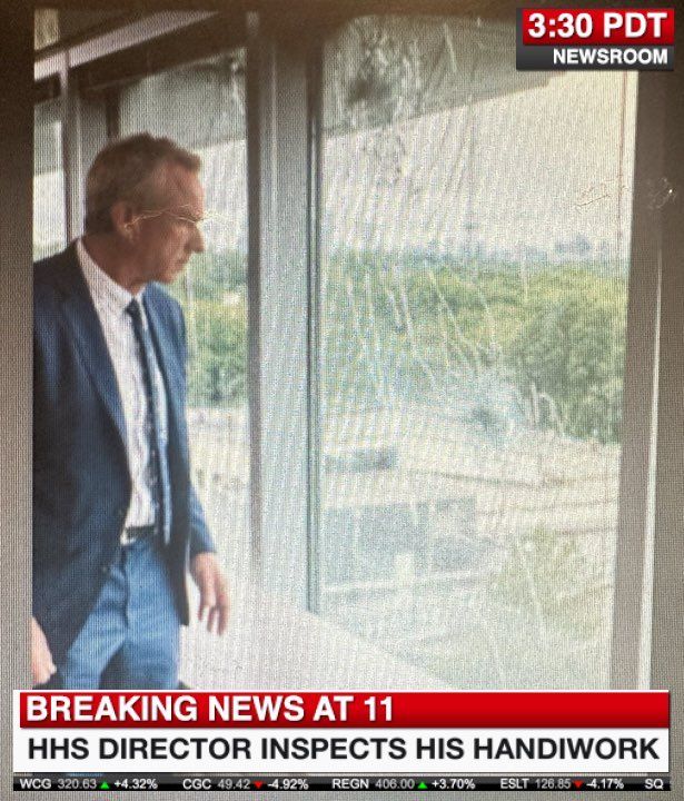RFK Jr. on television inspecting a broken window at the CDC. A chyron reads "Breaking news at 11: HHS directory inspects his handiwork"