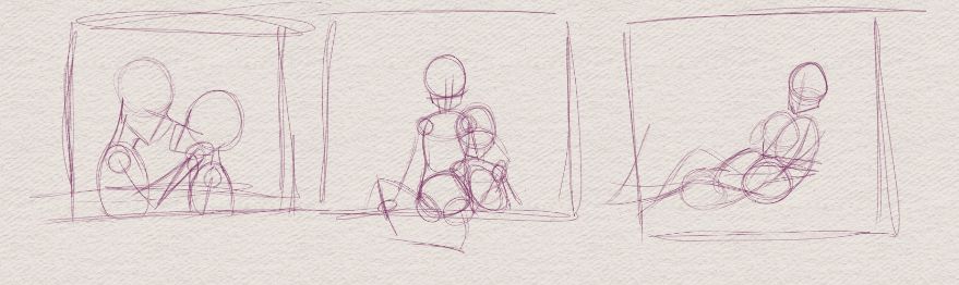 3 digital thumbnail sketches. The first depicts two people about to kiss, the second depicts two people snuggling with one on the other's shoulder, and the third depicts two people snuggling with one on the other's chest.