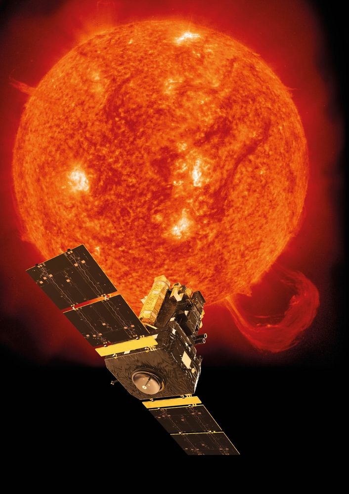 Artist’s impression of the ESA/NASA Solar and Heliospheric Observatory, SOHO, with the Sun as seen by the satellite’s extreme-ultraviolet imaging telescope on 14 September 1999.