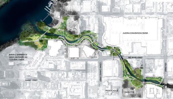 Render of the new Waterloo Greenway segment, “The Confluence”, where Waller Creek meets Ladybird Lake. The restoration project includes multiple new pedestrian bridges, an elevated board walk, and a mile of new trails, in addition to the main improvements to water quality & natural habitat along the creek