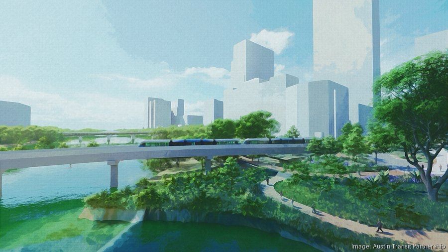 Water color sketch of the future Austin Light Rail bridge as it crosses the north bank of Ladybird Lake just to the west of Waller Creek