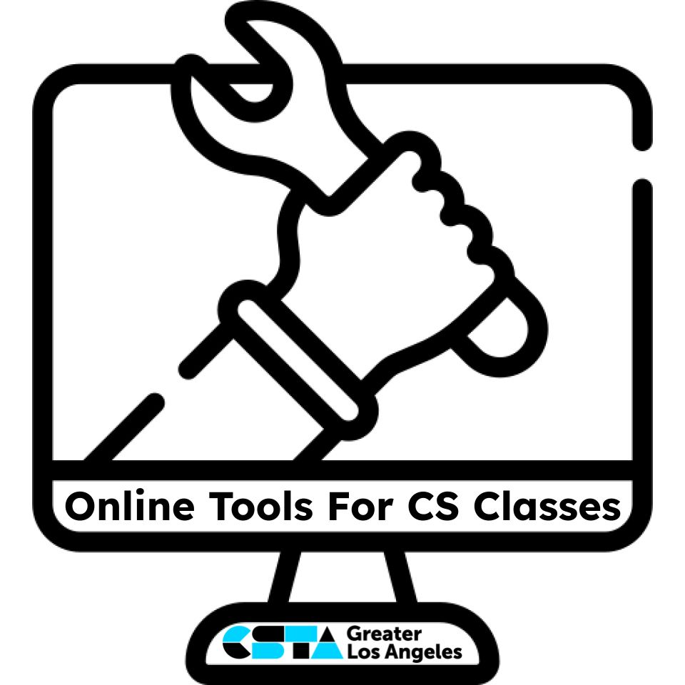 Image of a computer monitor showing an arm and hand holding a wrench with the words "Online Tools For CS Classes.