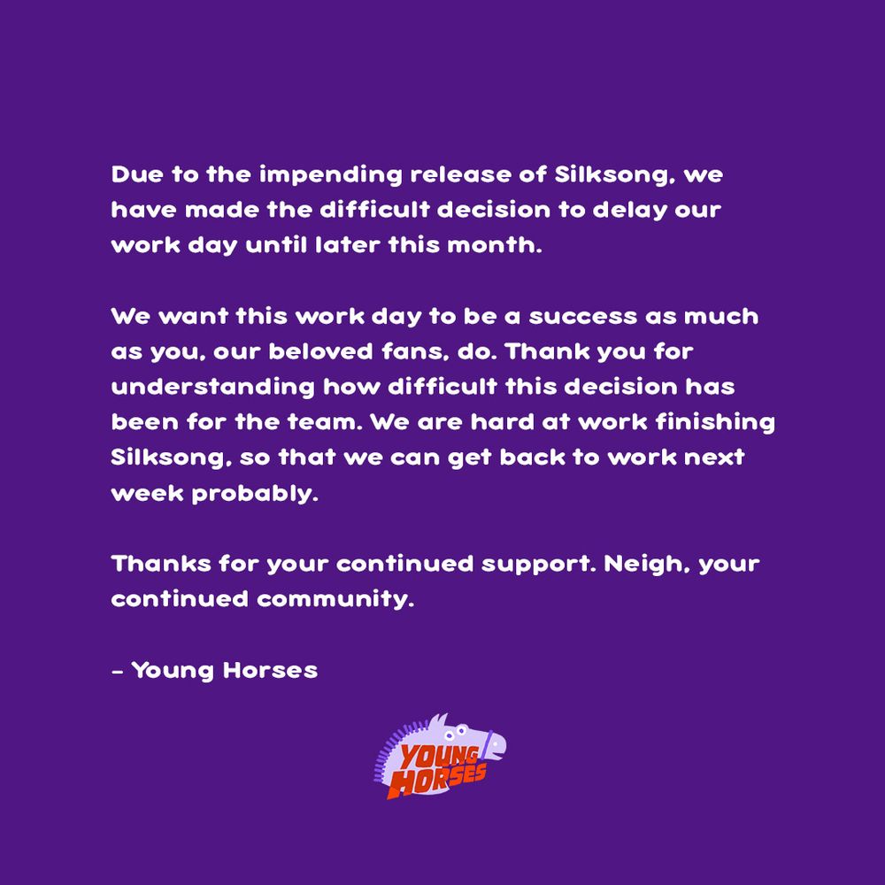 a solid cube of text styled like a morose announcement from a games company. it says 