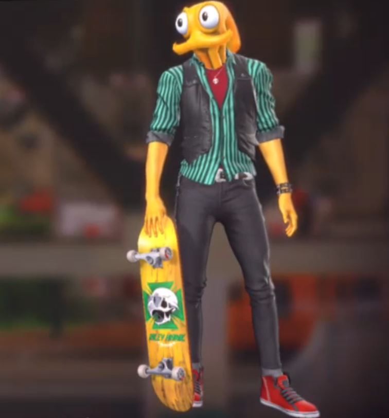 a screenshot of Tony Hawk's Pro Skater 5 of a cool looking skater dude holding a yellow skate board. The skaters head is notable Octodad's face, and his skin is yellow to match. 