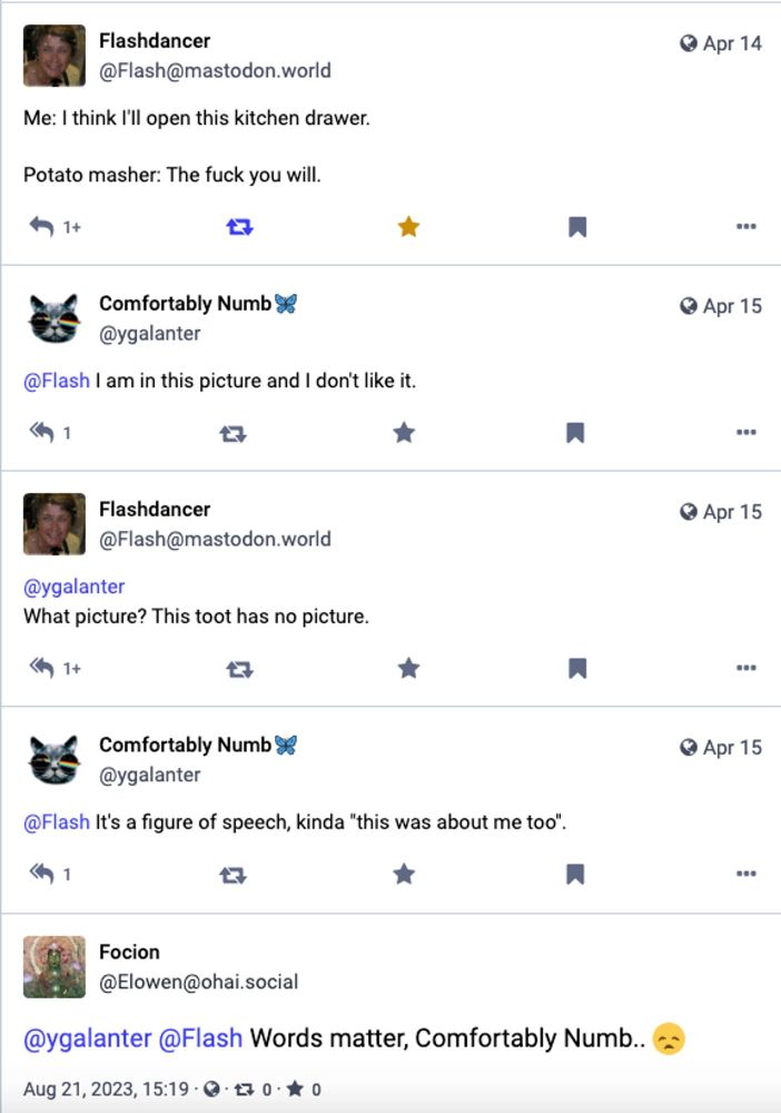 OP post:

"Me: I think I'll open this kitchen drawer.

Potato masher: The fuck you will."

Me: "I am in this picture and I don't like it"

OP: "What picture? This toot has no picture."

Me: "It's a figure of speech, kinda "this was about me too".

Some dude: "Words matter"