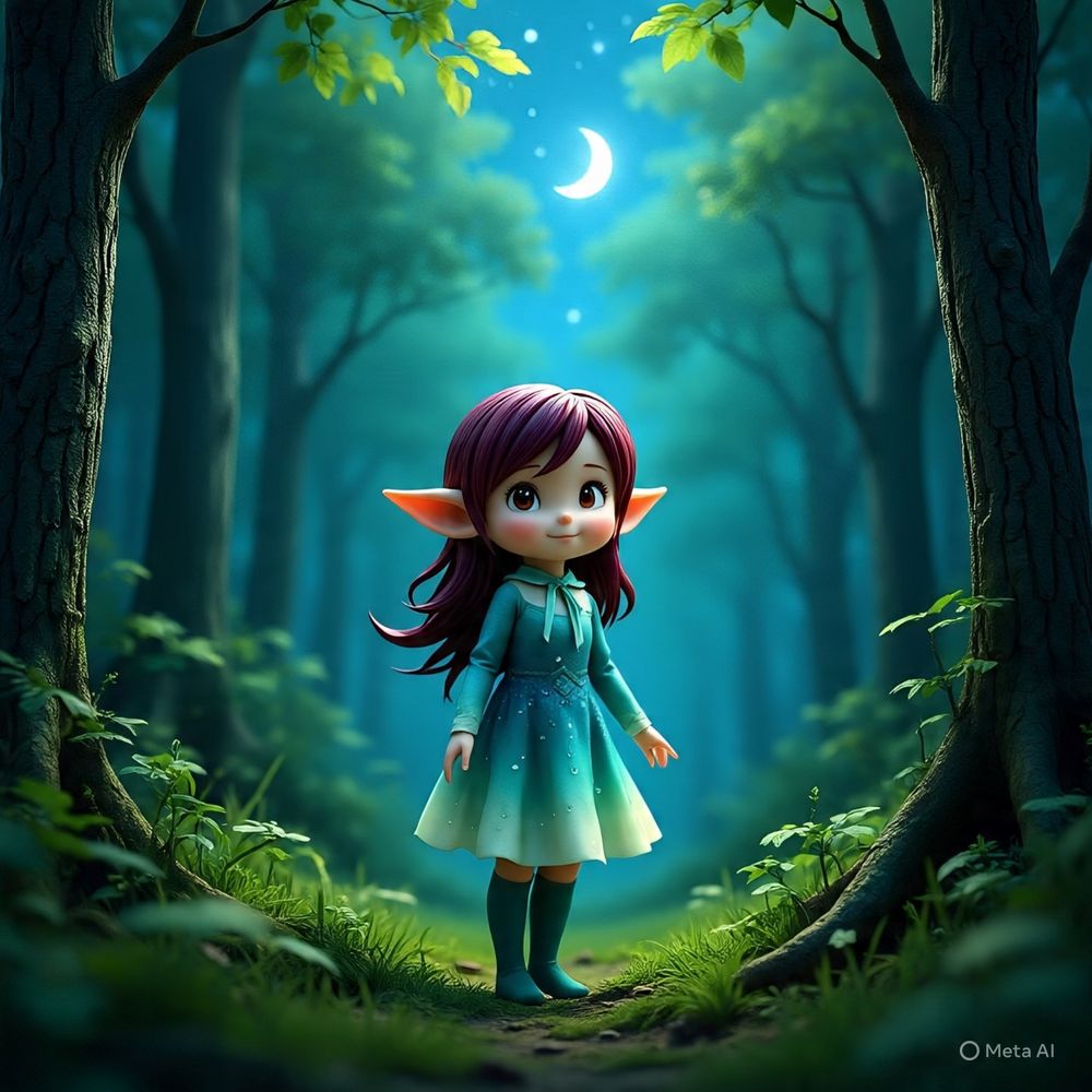 A tiny elf child with purple hair & pointed ears is standing in a bright forest clearing lit by the crescent moon above, wearing a blue to green ombre dress & knee socks that match. The plants & trees are in full, lush bloom around her. She looks slightly mischievous by expression. 