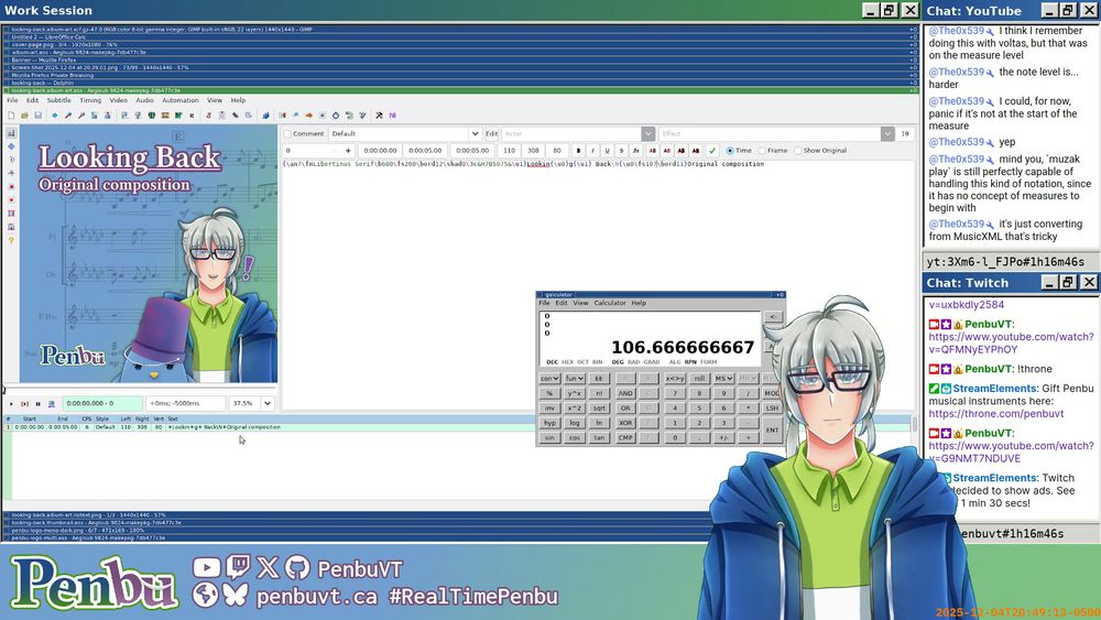 Screenshot of Penbu's stream showing a completed album cover for "Looking Back" in Aegisub.