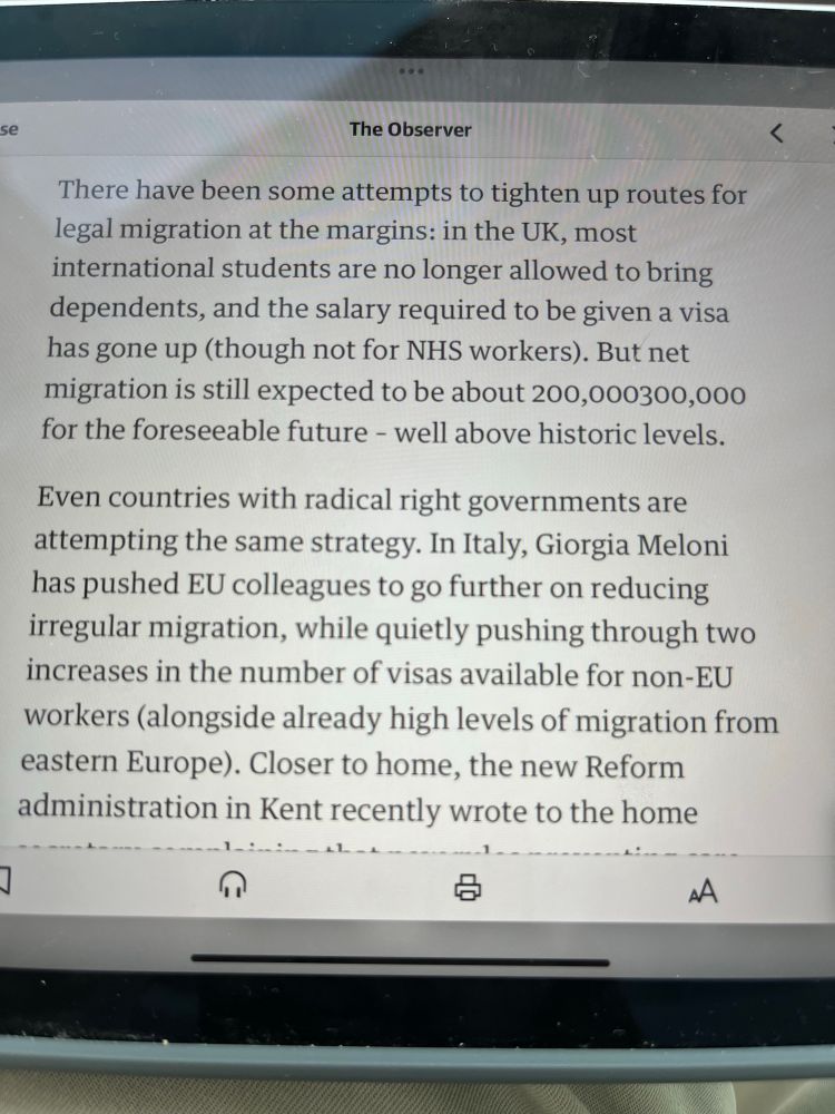 Snapshot of article in observer newspaper that states a figure with 11 zeros in it as the number of immigrants coming to the uk 