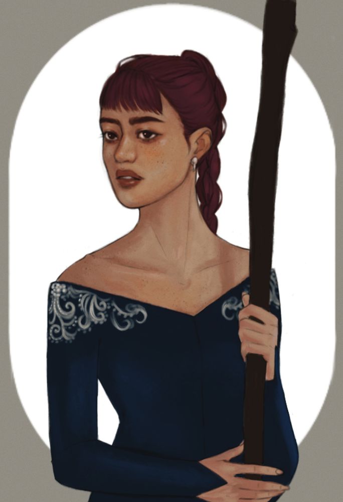 A digital portrait of Seren, my D&D druid character. She is lean, has mid-toned, warm skin and south-east asian facial features. Her hair is long and tied back in a braid, and appears to be dyed a deep cherry colour. She is gently holding a quarterstaff and wears a deep blue evening gown with long sleeves. 