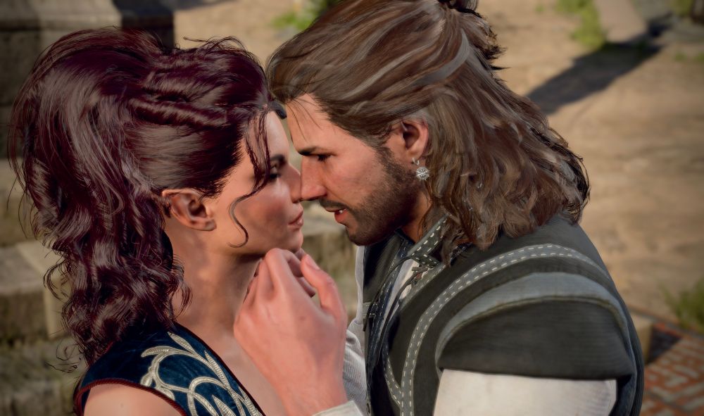 A close-up in-game shot of Dalia and Gale in a romantic pose on the streets of Baldur’s Gate. Gale is bringing Dalia’s face close to his, as if moments from a tender kiss. Both their eyes are closed.