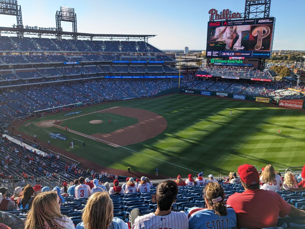 A photo of a daytime Phillies game from the right field stands. 