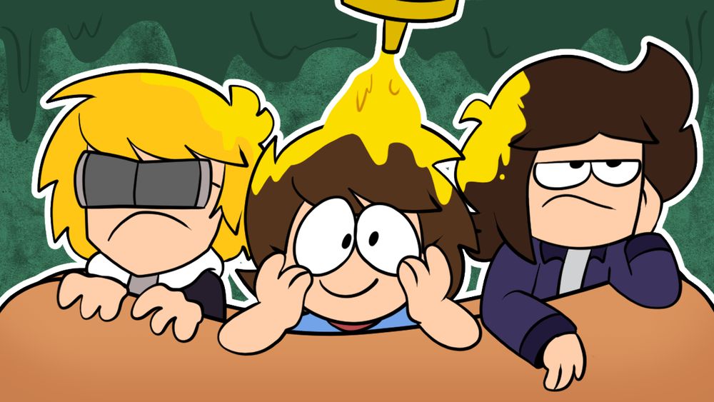 Dave, Collin, and Caleb, lay in a hot dog bun being covered in mustard on a gloopy background. Caleb looks pleased, while Dave and Collin are less than enthused.