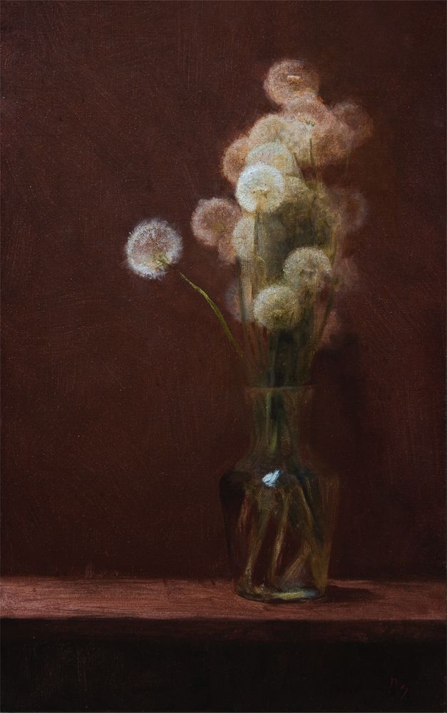 oil painting of fluffy dandelions against red background