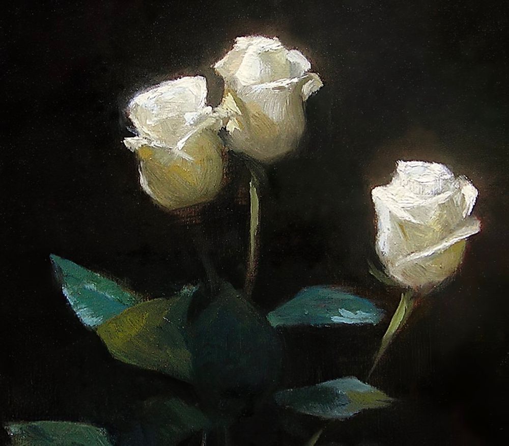 oil painting of three white roses.