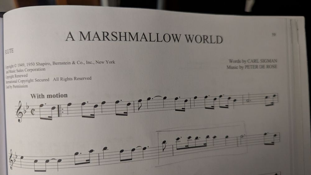 Page of sheet music for "A Marshmallow World," arranged for solo flute. 