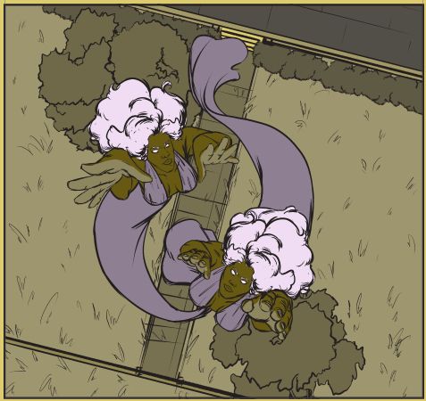Comics panel featuring a pair of white-haired mermaids flying away from a house.