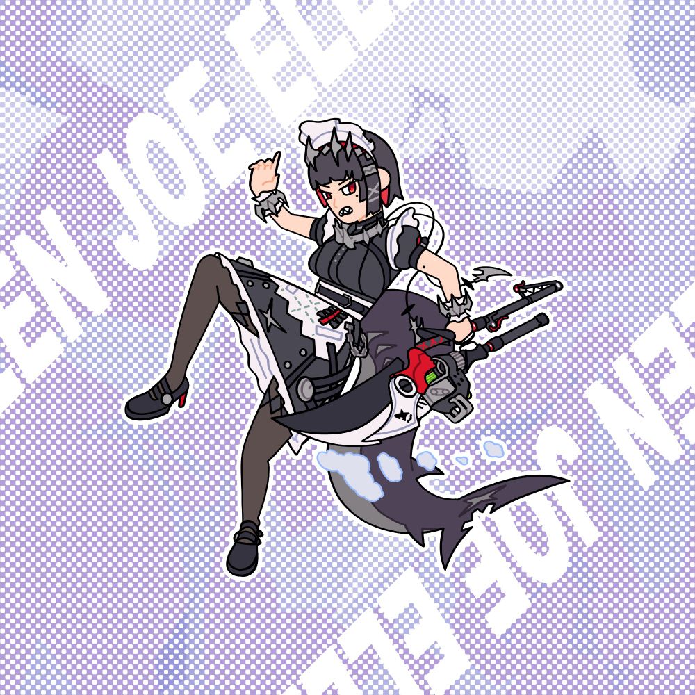 A drawing of the character Ellen Joe from the video game Zenless Zone Zero with an angry expression on her face. She is floating midair with her weapon in one hand and one leg poised for a kick. Clouds of frost trail behind the blade of her weapon. The background is made up of light purple abstract shapes and colors with a halftone pattern, and the name "ELLEN JOE" are written diagonally in a large bold font across the top left and bottom right corners.