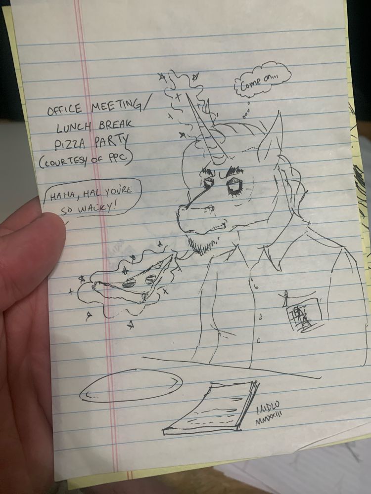 unicorn (hal) levitating pizza with his horn