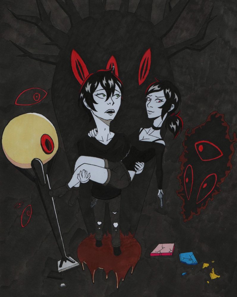 Traditionally drawn fanart of Andrew and Ashley Graves from The Coffin of Andy and Leyley. Andrew is carrying Ashley, who is holding her gun. Looming over them are the Entity they summoned during Episode 1 and Lord Unknown, whose silhouette resembles a coffin. Fragments of the dream world tumble away from sight.