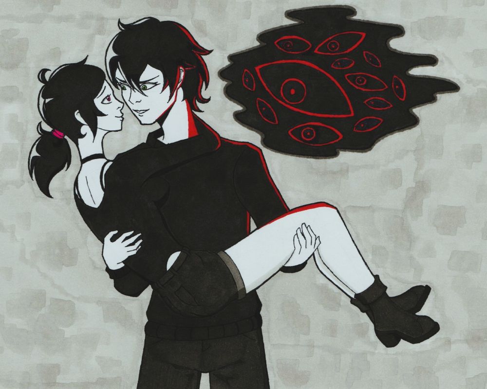 Traditionally drawn fanart of Andrew and Ashley Graves from The Coffin of Andy and Leyley. Andrew is holding Ashley in a bridal carry. There is a demon hovering behind Andrew's left shoulder and casting a red glow on him; it looks like a smoke cloud full of red eyes.