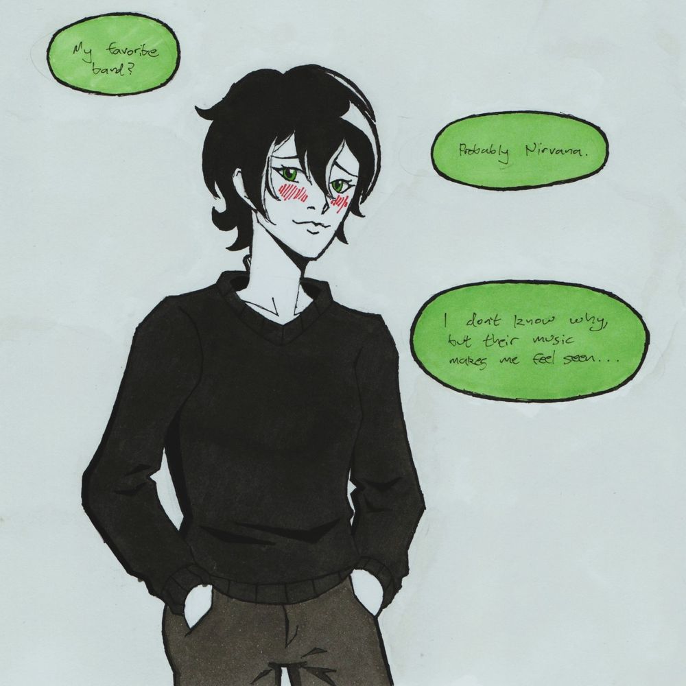 A traditional drawing of Andrew Graves from The Coffin of Andy and Leyley, blushing and slouching with his hands in his pockets. He's telling an unseen interlocutor that his favorite band is Nirvana, because it makes him feel seen.