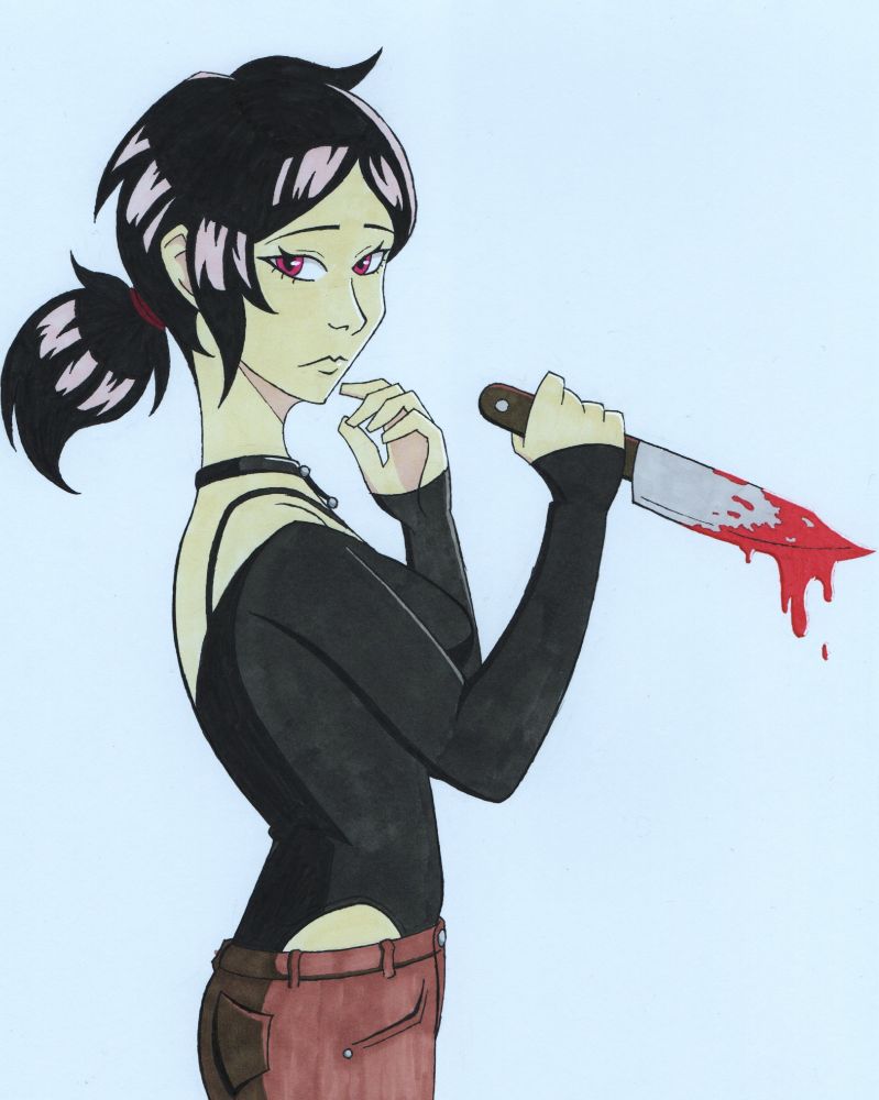 A traditional drawing of Ashley Graves from The Coffin of Andy and Leyley, sheepishly holding a bloody knife.