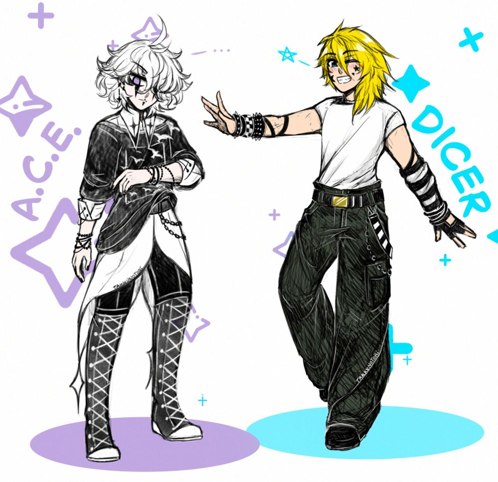 My OCs A.C.E. and Dicer in a flat color sketch. They are wearing different clothes then normal: A.C.E. has a long collared shirt with the cuffs turned up under a black cardigan with birds on it. The dress shirt extends down past a bet with 2 chains on it and ends in diamond shaped tails. He is wearing fitted black shorts with press darts and thigh high lace up fitted boots that go up under them. He is wearing many bracelets on each hand. He has his signature makeup and a peekaboo version of his normal hair style.


Dicer has some stars on his face and sis wearing a tight fitting white tee with short sleeves and oversized dark green cargo pants and black shoes. He has a black belt with a gold buckle and off it hangs 1 stripes strap and 1 set of chains. On one arm he has a large variety of cuffs and brackets with spikes and on the other he has an elbow length, loose striped fabric arm warmer and bracelets as well as a biker fingerless glove.