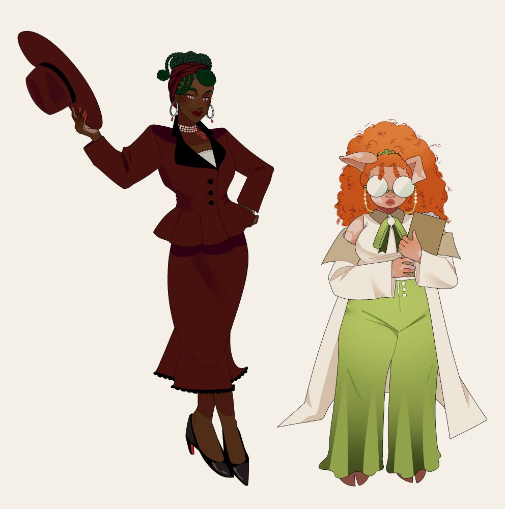 fullbody illustration of original characters, on the left is carmine, a vampire, on the rught is juno, a scientist, researcher, kemonomimi(?)