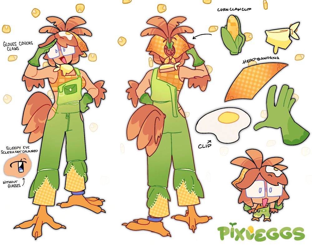 two fullbody, front and back illustration of Sonny, a human-hybrid chicken farmer with a corn themed design(green overalls with a yellow plaid pattern at the pant cuffs to mimic corn +leaves, corn patterned top and corn accessories, side character from my story Honeyfield Harvest that I am working on! but also my internet sona & mascot of pixieggs!