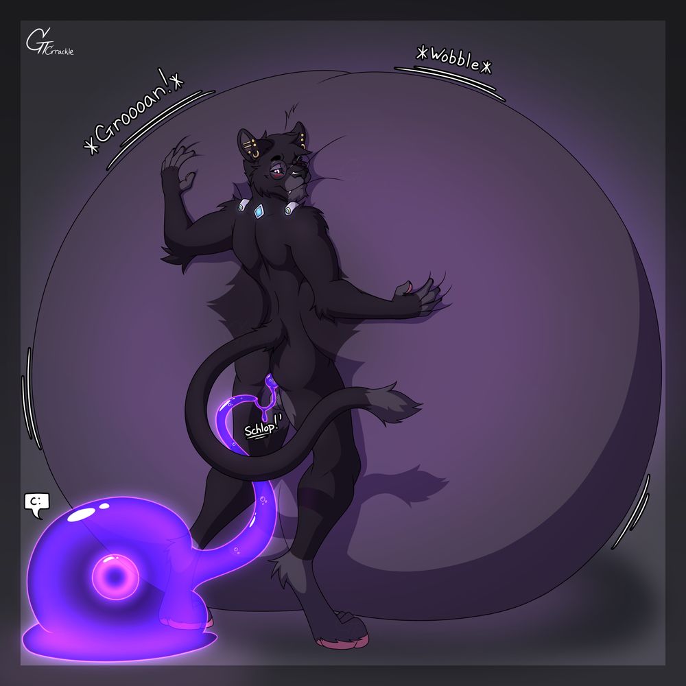 A very full and bloated anthro panther man has just been filled to the brim by a strange glowing purple slime he created. The slime has just removed it's gooey tendril from the anthro panther's rear with a satisfying schlop, leaving a trail of goo from his rear to the tendril.