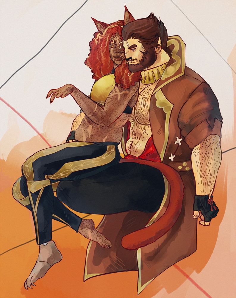 A miqo'te from ffxiv sits in the lap of a roegadyn from ffxiv.