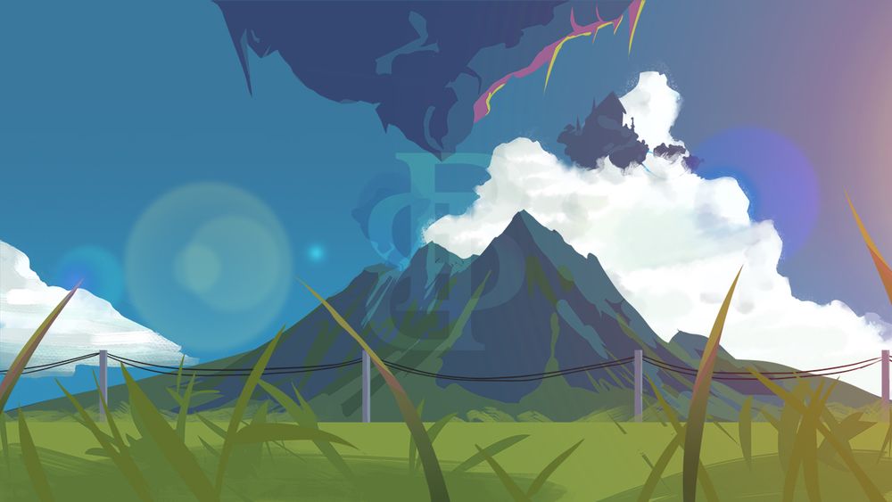 Background depicting a mountain range. There are distant sky islands.