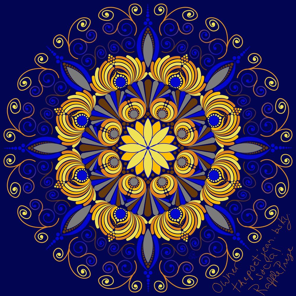 Digital mandala owner @thepoetjean.bsky.social 
8 segment symmetry, navy blue background 
Large double layered 8 symmetry flower in yellow and dk yellow. Brown dots surrounding the yellow petals. Grey dots with orange walk the dots and swoosh pairs in dk yellow, yellow, and orange. 11 teardrop fans in brown, grey, blue, brown, grey, and blue. Blue dots with yellow walk the dots and dk yellow reverse swooshes brown walk the dots and swoosh pairs in orange, yellow, dk yellow orange, yellow, dk yellow, orange, and yellow. Large grey petals with brown walk the dots and blue swooshes are surrounded by vinework in brown/blue, orange/blue, and orange/yellow gradients.