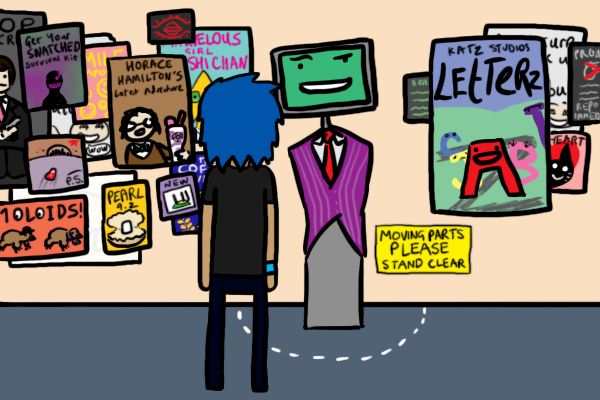 A figure with blue hair and their back turned to us stands in front of a pinstripe wearing monitor headed robot. Various posters are plastered on the wall on either side.