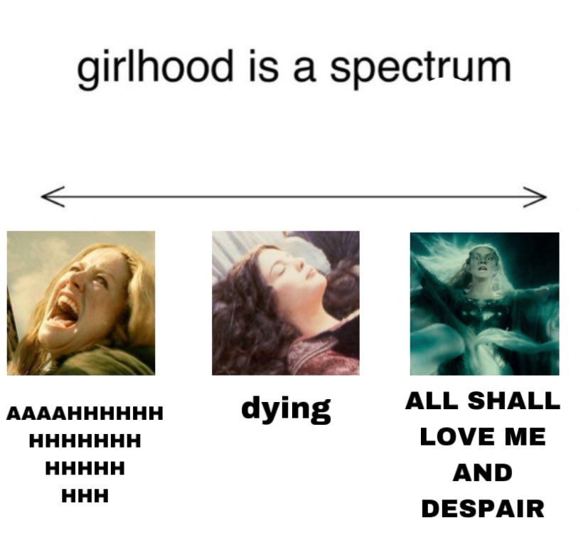 meme titled "girlhood is a spectrum" with three points on the spectrum. one end reading "aaaahhhhhhhhhhh", the middle point reading "dying", and the other end of the spectrum reading "all shall love me and despair"