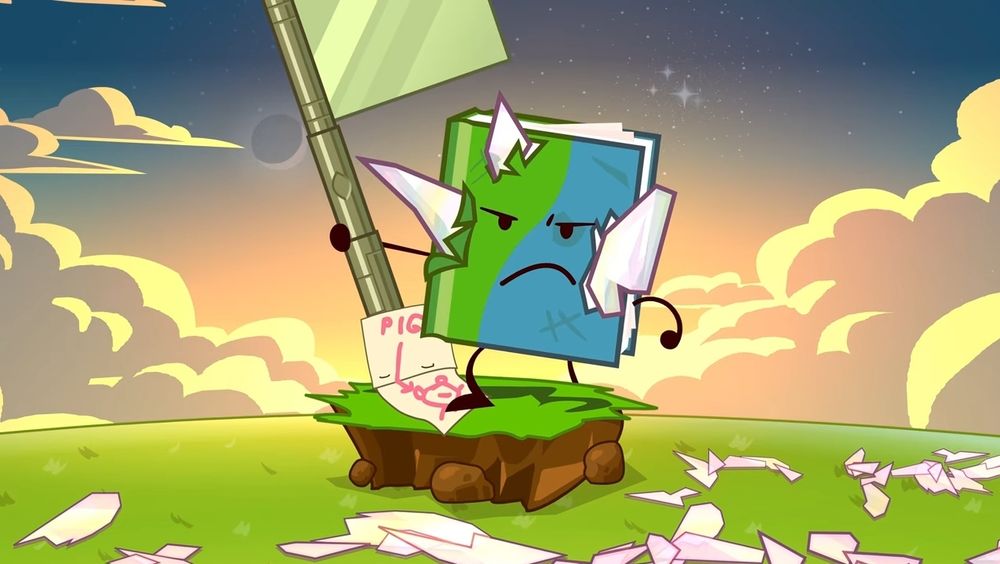 Book with a serious face stabbed with glass shards holding a flag over a smaller "Dream Island", winning the competition.