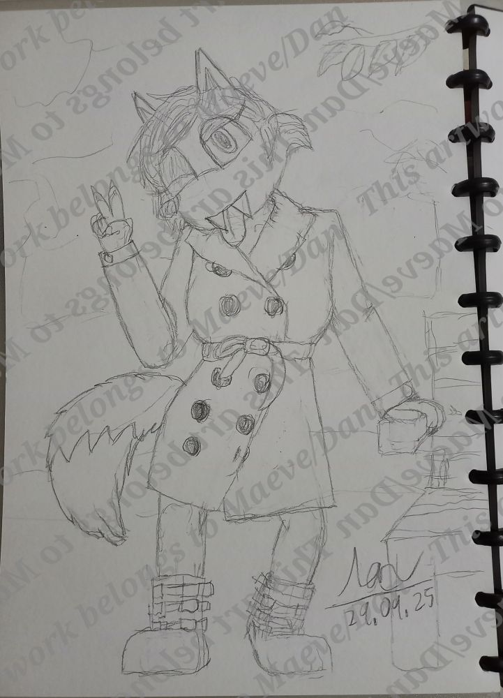 Anthropomorphic fox woman wearing a trench coat and boots doing a peace, poking her tongue and posing for a photo.

Her hand is on a bench.