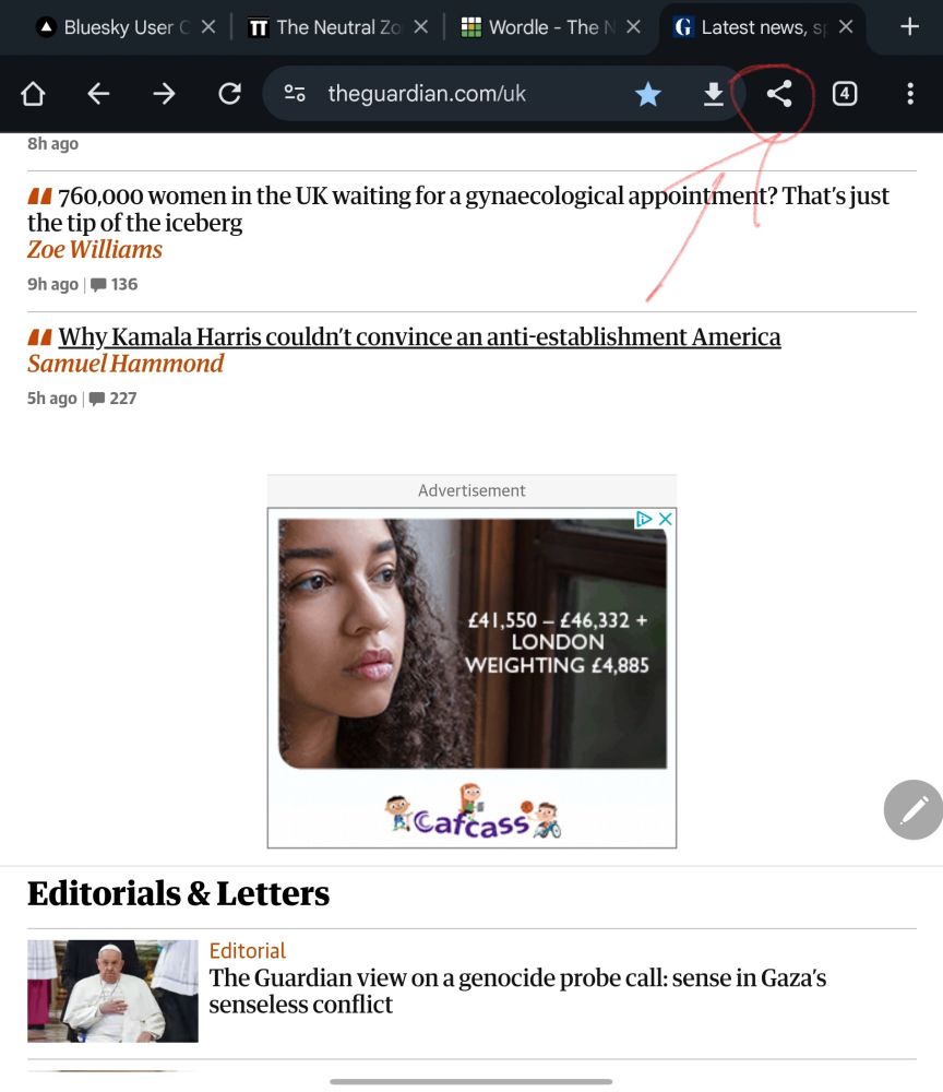 Screen shot highlighting the "share" button on an Android phone browser. 