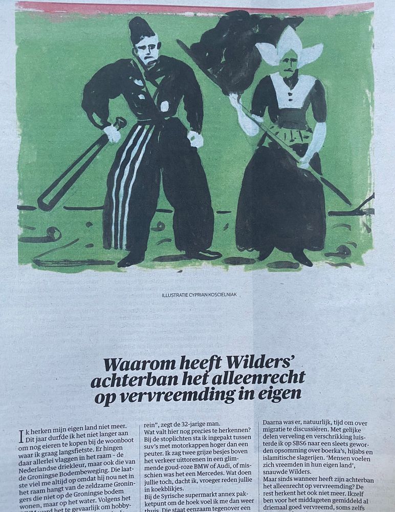 Illustratie van Cyprian Koscielniak bij de ongezonden brief van Tjesse Riemersma; je ziet een boze boer met honkbalknuppel en boze boerin met zwarte vlag, allebei in klassieke Volendamse klederdracht…Beiden in vlak groen polderlandschap met een rode zonsondergang (dat laatste is mijn veronderstelling) 