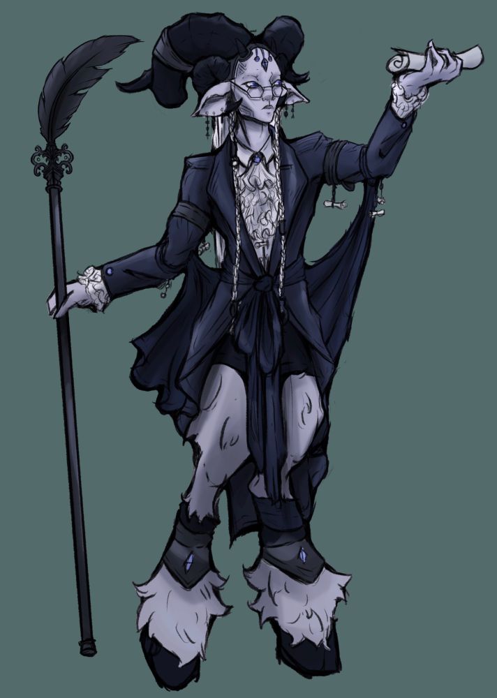 Cantevor Peken, a fae god. A creature with two large sets of black twisting horns coming from their refined, pale face. They wear thin, wireframe spectacles and their forehead is adorned with three crystals. They have sharp, pointed features and light blue eyes. Their large, pointed ears droop slightly and are adorned with dangling earrings. They wear a frilly white cravat and a long black coat that ties with a waistband. Hanging from the sleeves of their coat are small scrolls, tied with black laces. From the bottom of the robe two fluffy goat legs emerge with black shin bindings decorated with icy blue gemstones. Held aloft in their left hand, Cantevor looks at a rolled up scroll. In their right hand is a long black walking stick, the top decorated with intricate carved embellishments. Atop the staff is a large, ebon quill.