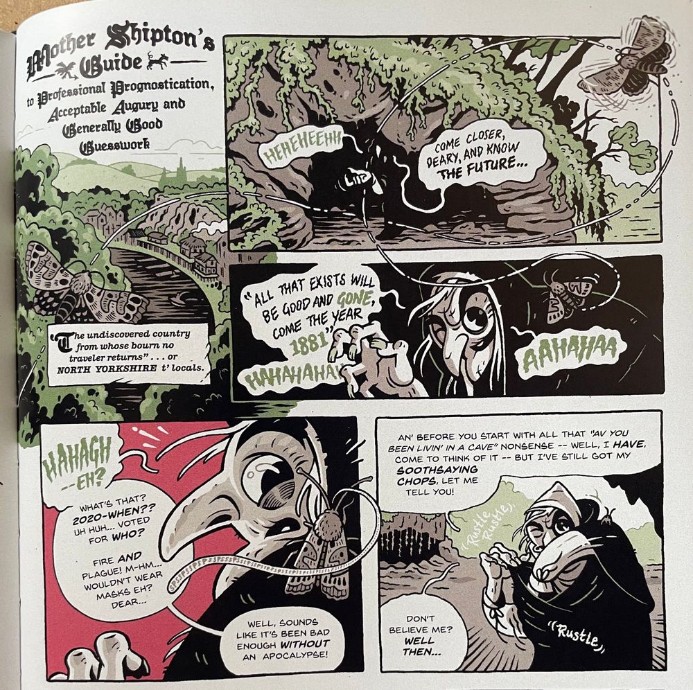 A comics page. Mother Shipton, a witch, emerges from her cave with a prophecy.